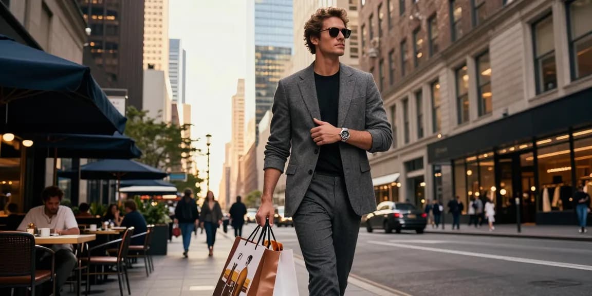 Stylish individual showcasing a luxury replica watch while shopping in the city.