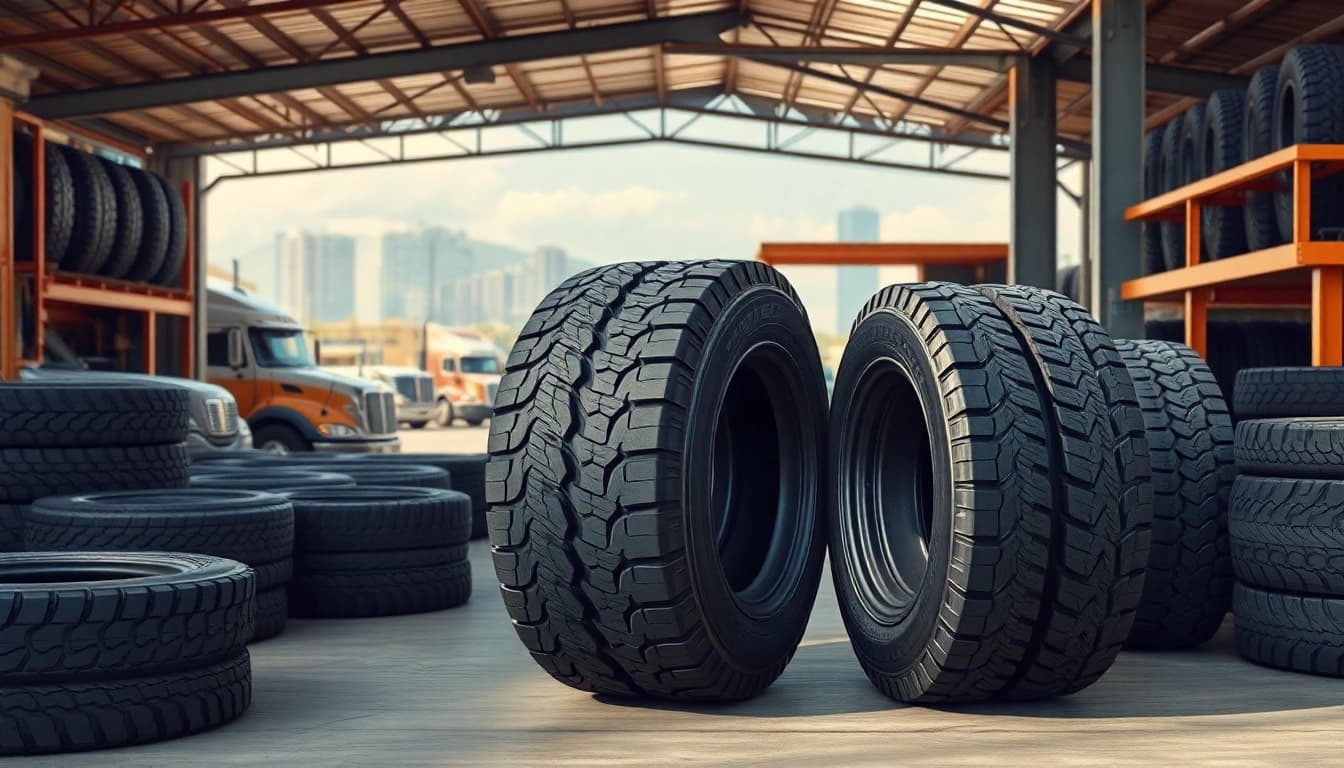High-quality display of RR99 truck tires in a busy tire hub, showcasing their robust tread and performance features.