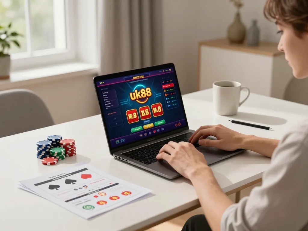 Engaging online casino gaming at home with uk88 displayed on laptop screen.