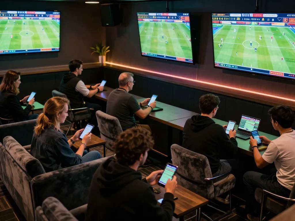 Betting enthusiasts analyzing odds and placing wagers on keobongda's platform in a bustling sports lounge.