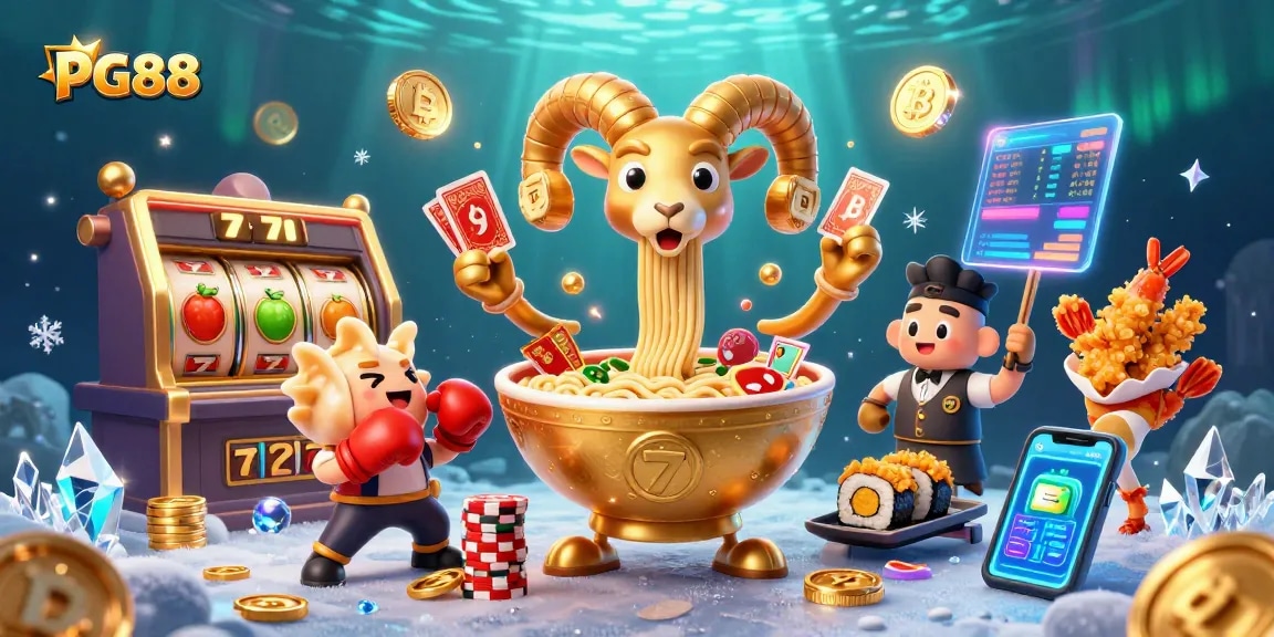Engage with PG88's vibrant casino world featuring a winning giant ramen bowl and energetic characters.