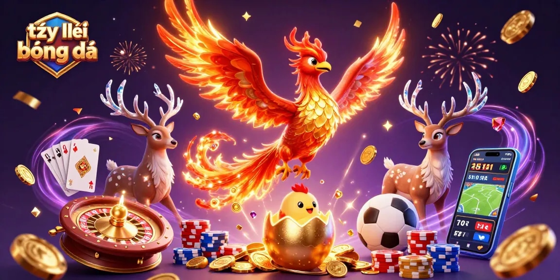 Experience dynamic sports betting with tỷ lệ bóng đá as a golden phoenix and soccer elements illuminate the scene.