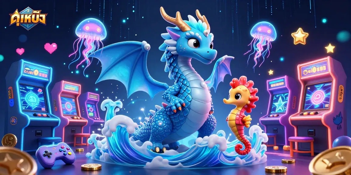 Engage with ดูหนัง as glowing jellyfish and a water dragon light up a vibrant casino scene.