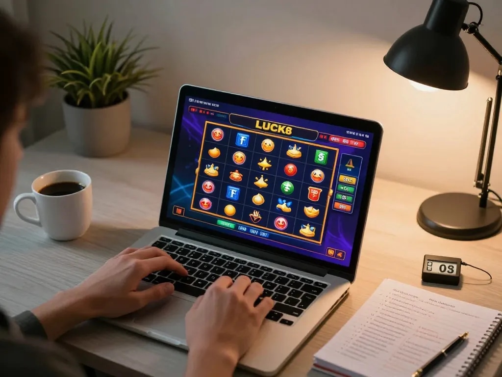 Player engaging in Luck8 online gaming with a laptop in a stylish home office.