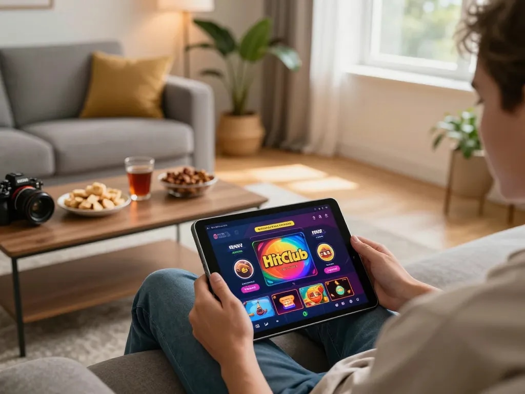 Engaging user on Hitclub casino app from home, showcasing online gameplay in a cozy setting.
