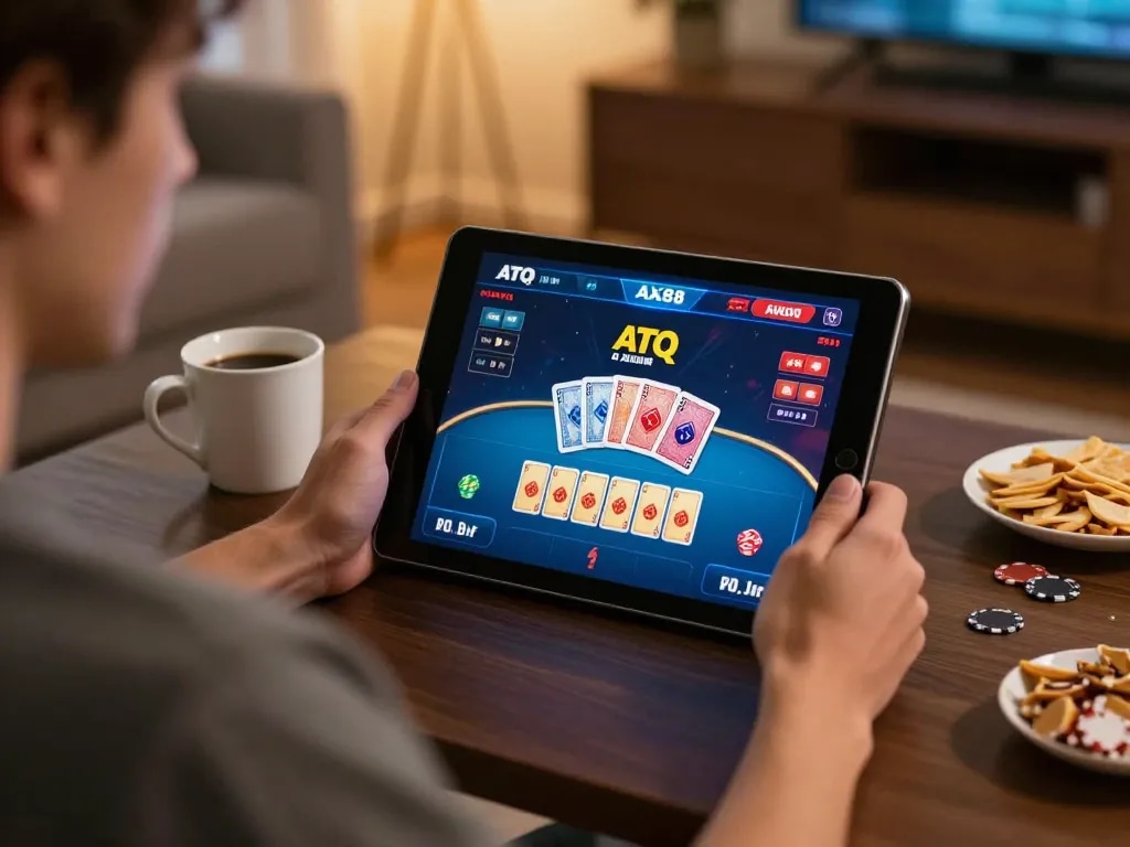 Engaging home gaming atmosphere showcasing ATQ ax88 poker interface with player strategizing.