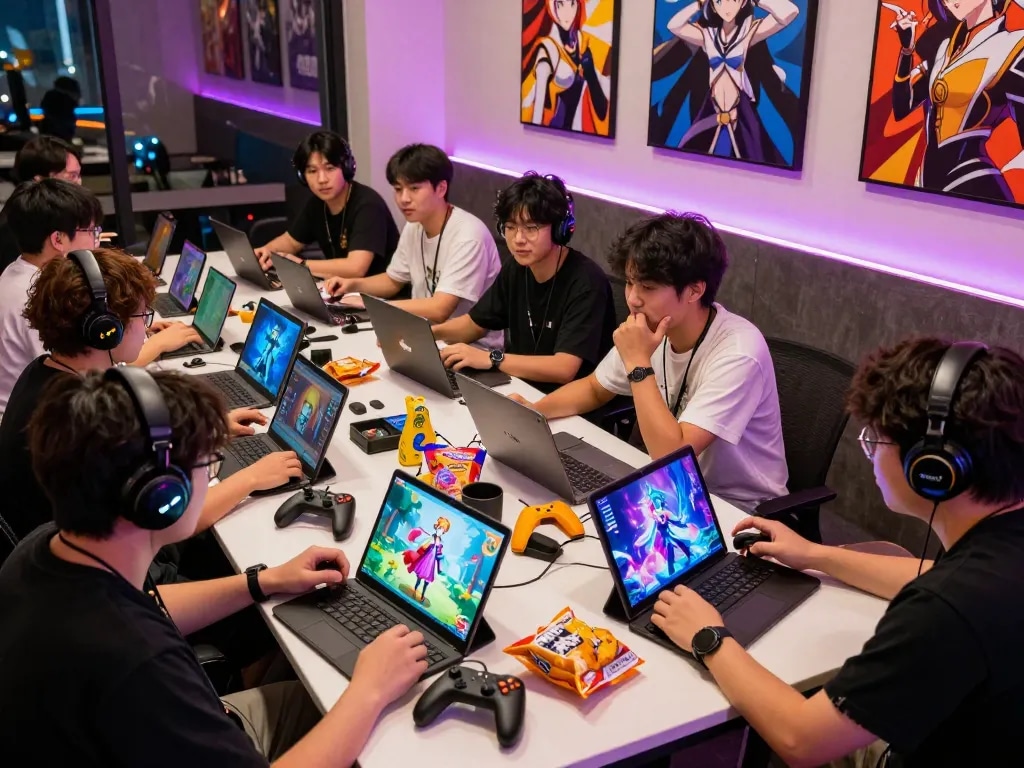 Engaged players enjoying popular porn games on various devices in a lively gaming environment