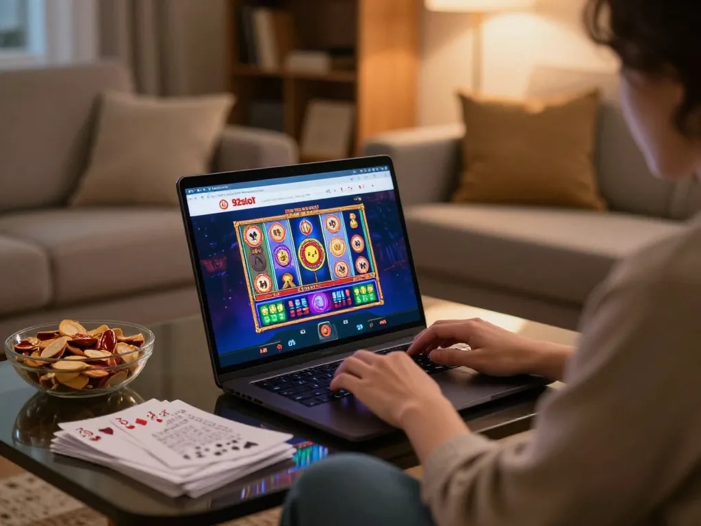 Engaging with the 92slot homepage during a cozy home gaming session.