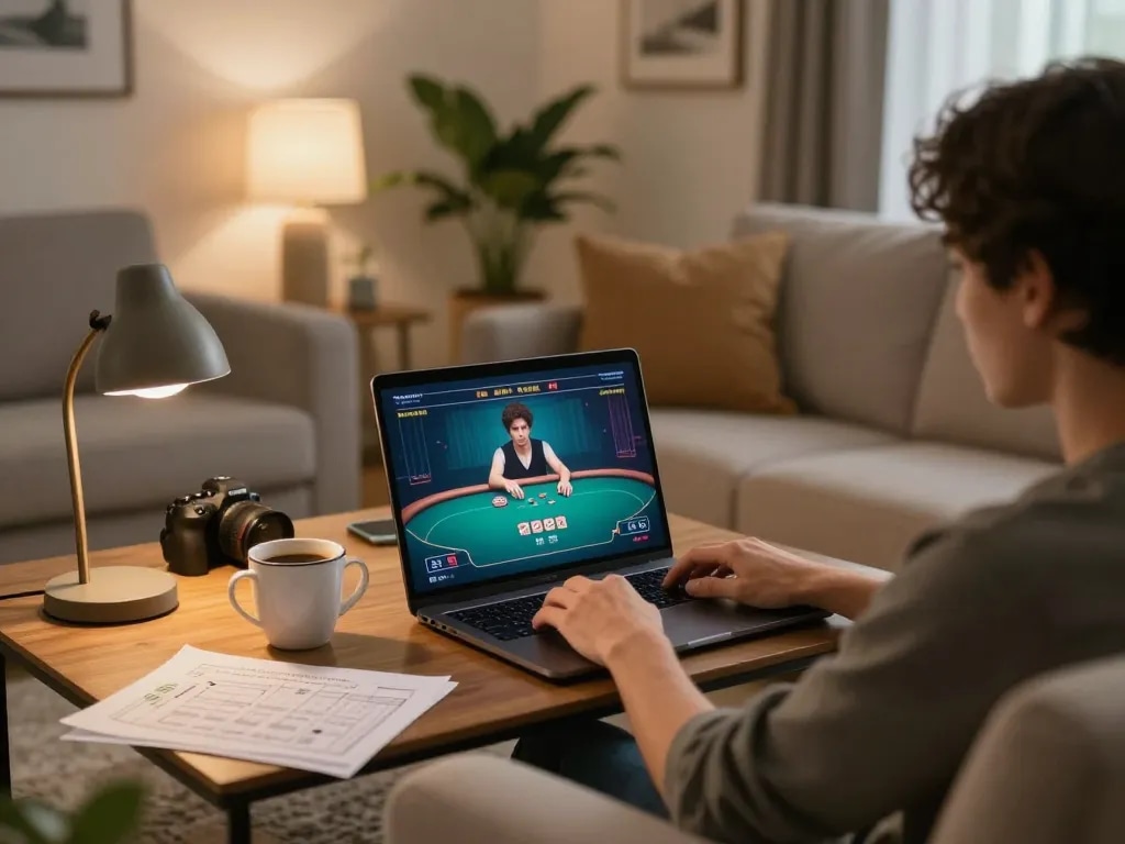 Home player engaging in Hubet online poker game, showcasing strategic gameplay setup with notes.
