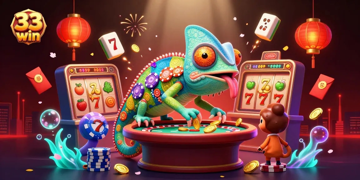 Experience the excitement of 33 win with vibrant casino action, featuring chameleon character and jackpot slots.