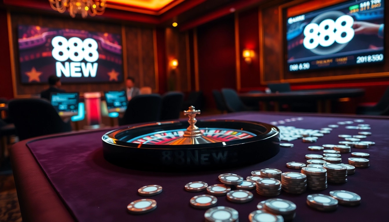 Gambling scene showcasing excitement at 888NEW casino with vibrant colors and professional atmosphere.