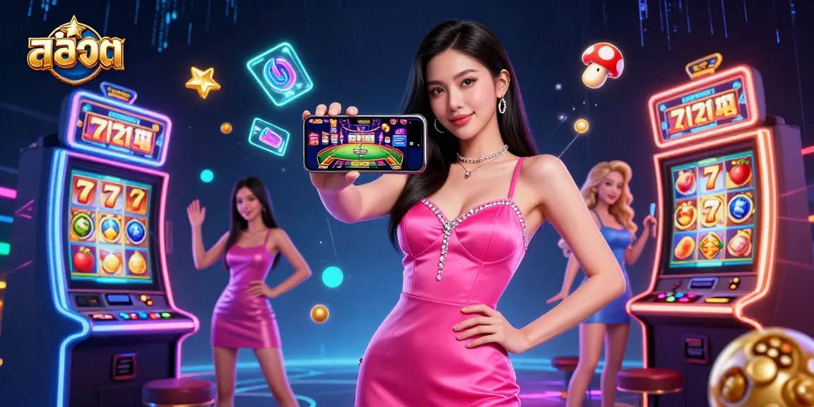 Experience exciting สล็อต gameplay with a stunning Asian woman showcasing live dealer action on her smartphone amidst vibrant casino elements.