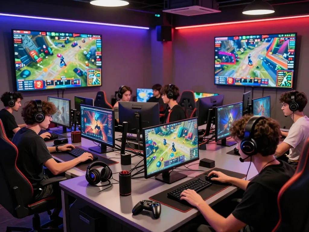 Engaged players enjoying the b52 gaming experience in a vibrant lounge setting, showcasing modern gaming culture.
