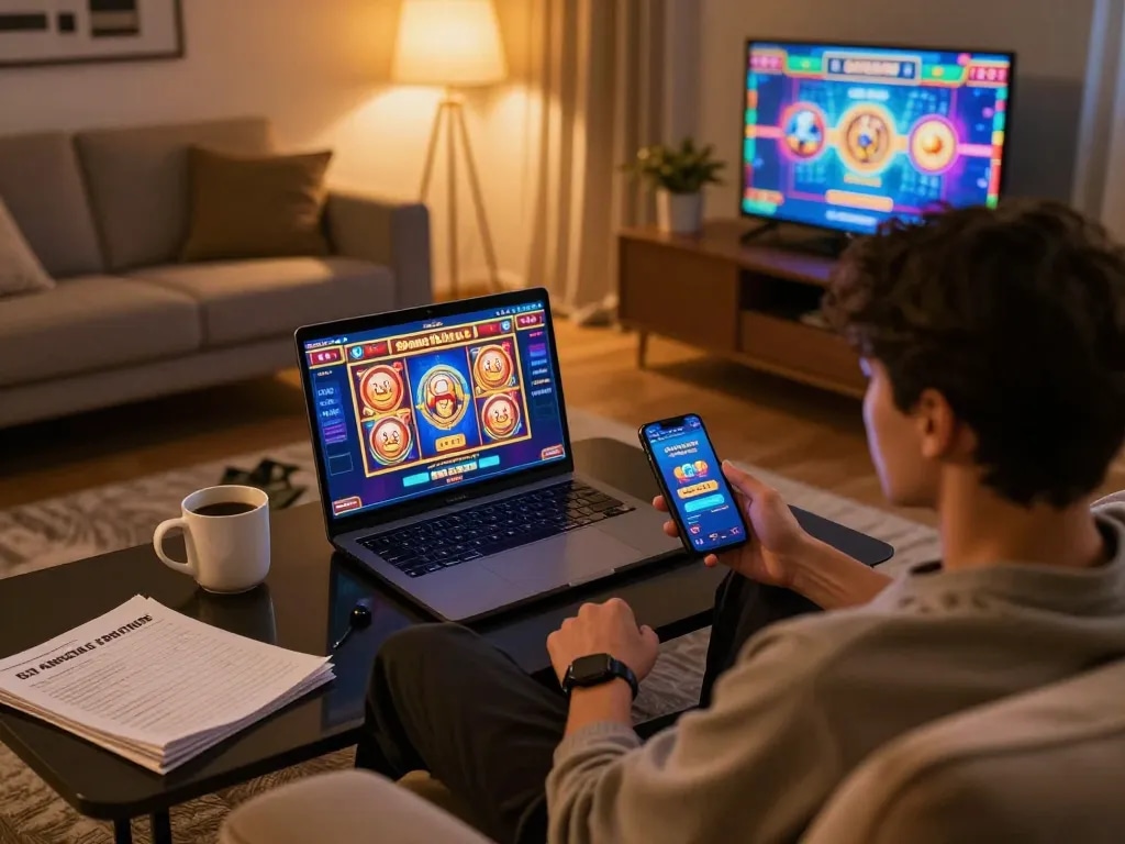 Engaging in situs slot gacor gameplay on a laptop in a cozy home setting.