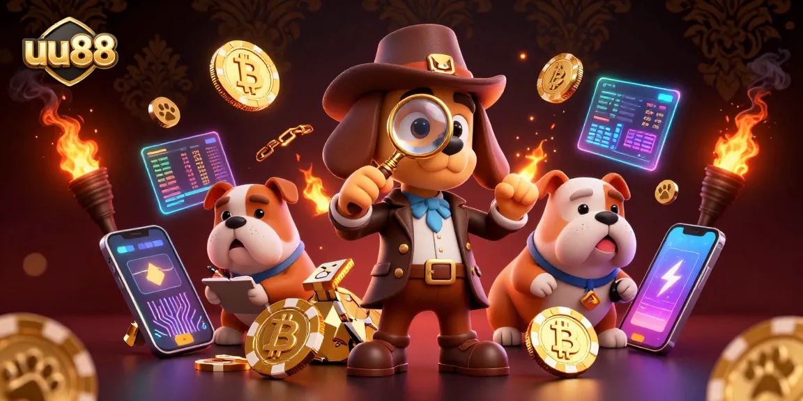 Engage with uu88 through a luxurious 3D detective scene, highlighting poker and cryptocurrency elements.