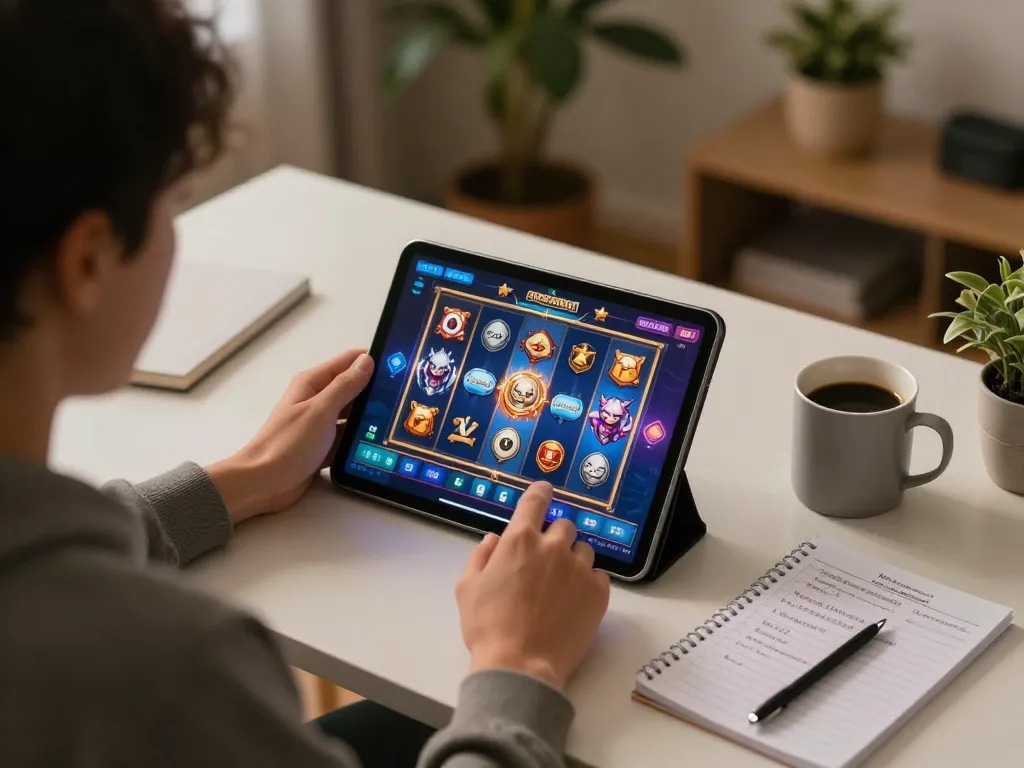 Engaging in online gaming at home using gamebainohu tablet interface, highlighting strategic approach