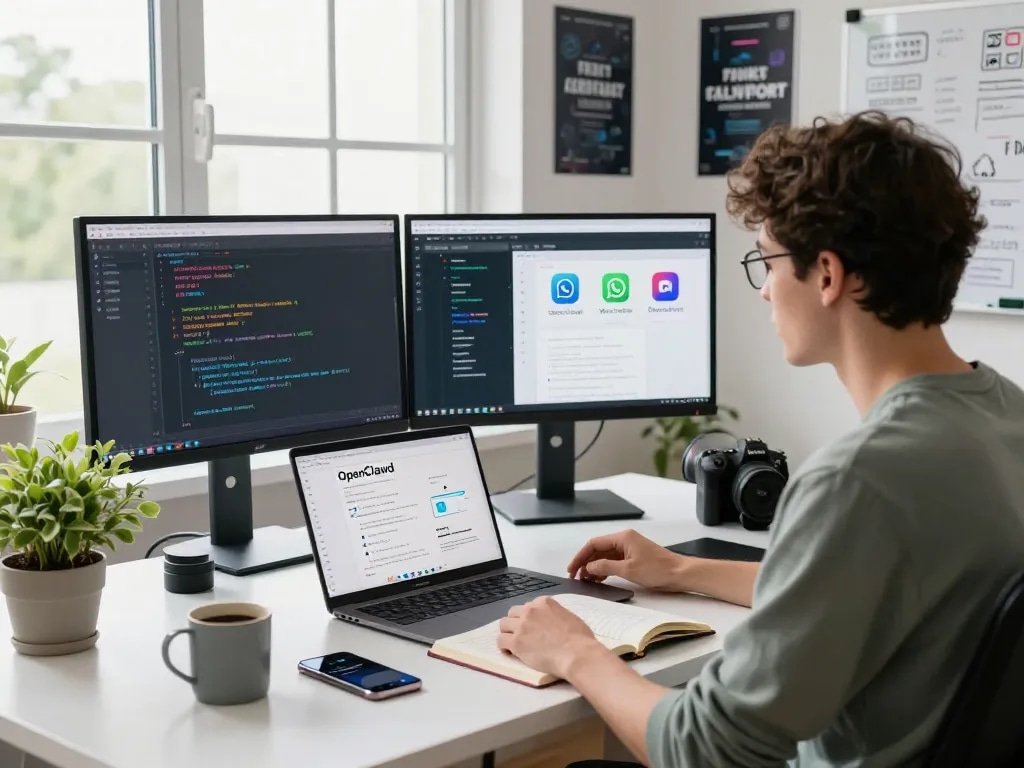 Person utilizing clawbot AI assistant in a modern tech workspace, featuring laptops, dual monitors, and communication apps.