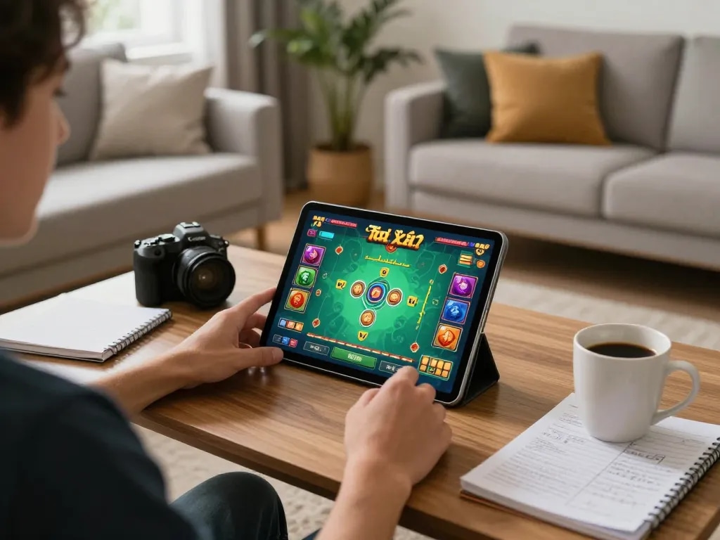 Playing tài xỉu online on a tablet in a cozy home setting, showcasing strategic notes and a welcoming atmosphere