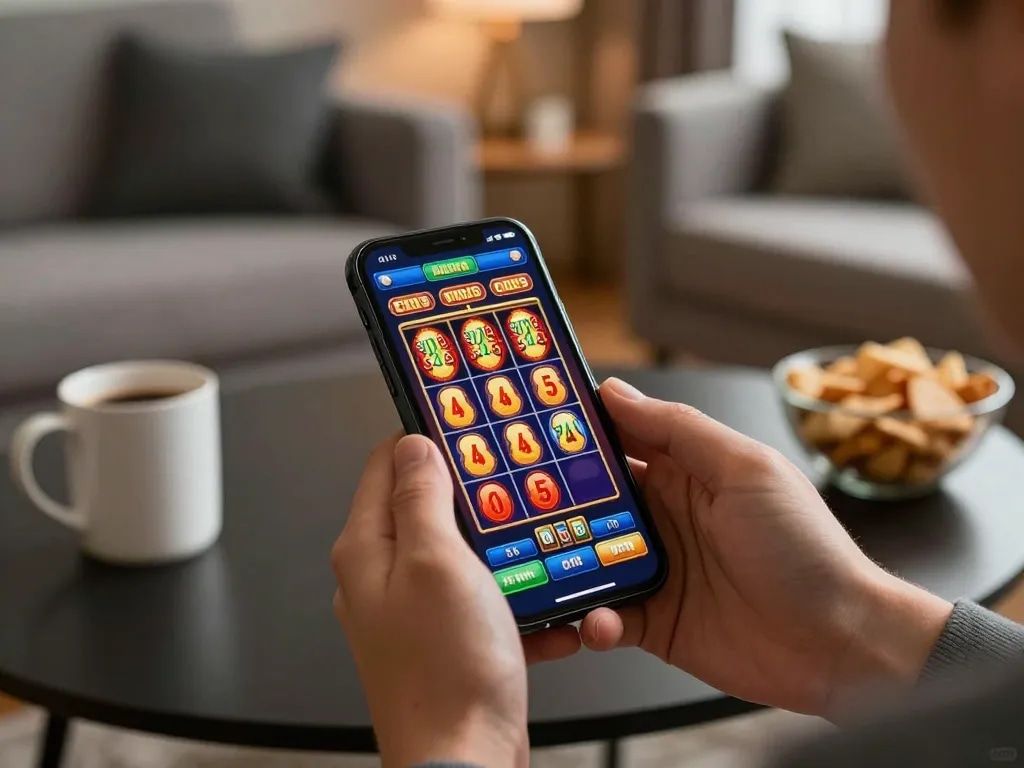 Engaging mobile casino gaming on a smartphone with tải go88 accessible in the cozy home setting.