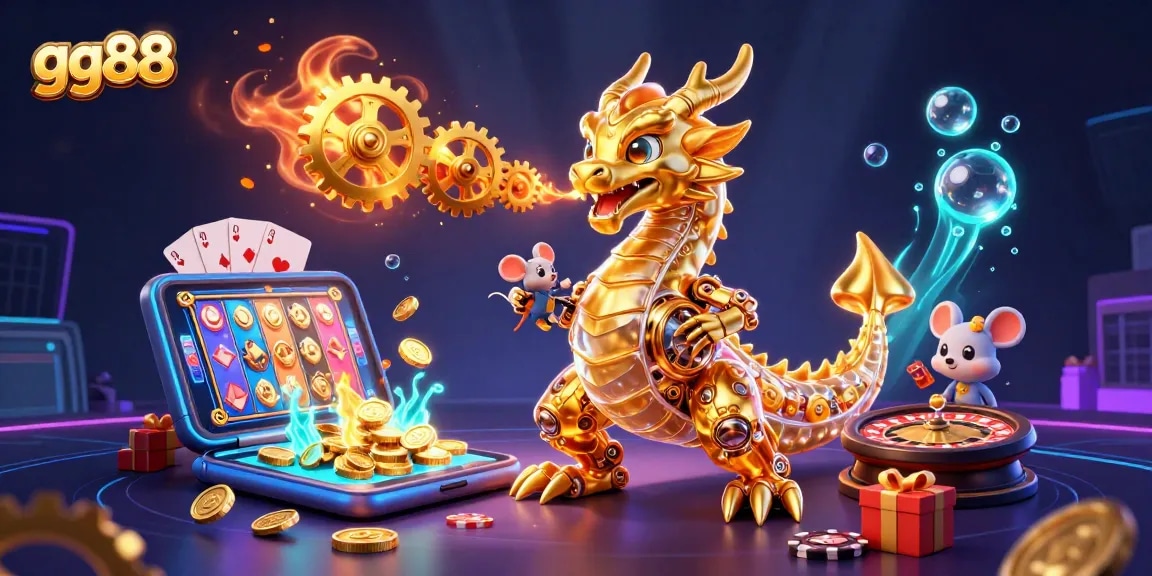 Engage with gg88's exciting gambling scene featuring a golden dragon and slot game thrill