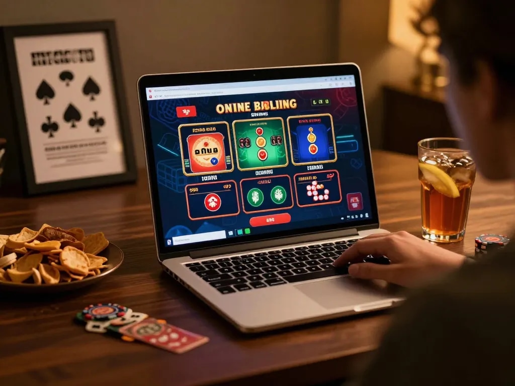 Person enjoying online casino gaming on laptop, showcasing hit club gaming strategies in a cozy living space.