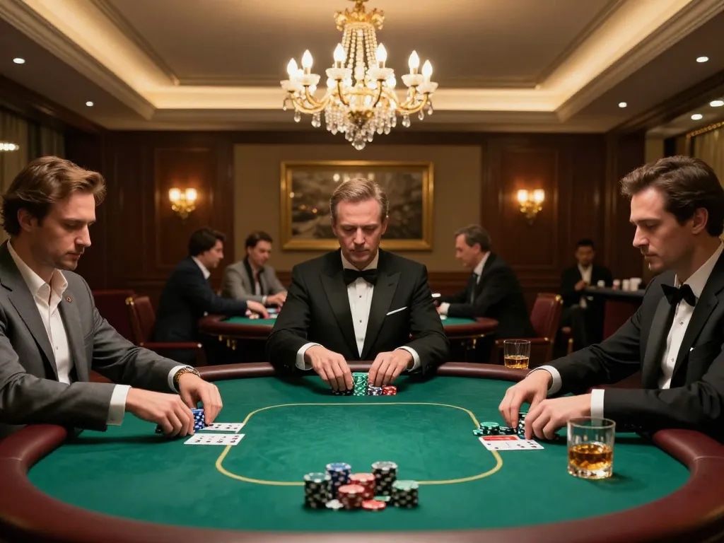 Players strategizing in premium poker game setting, showcasing sv66 with chips and cards.
