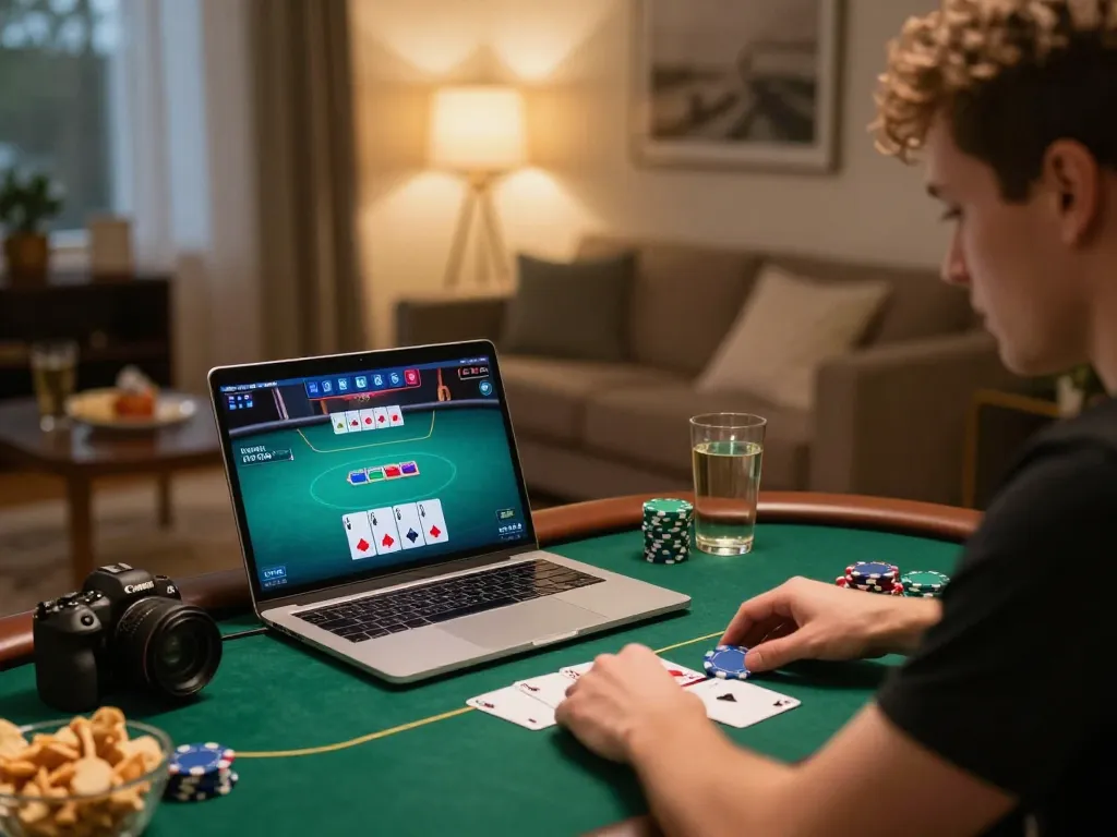 Player engaging in online poker at home, showcasing Sonclub gaming interface and strategic play.