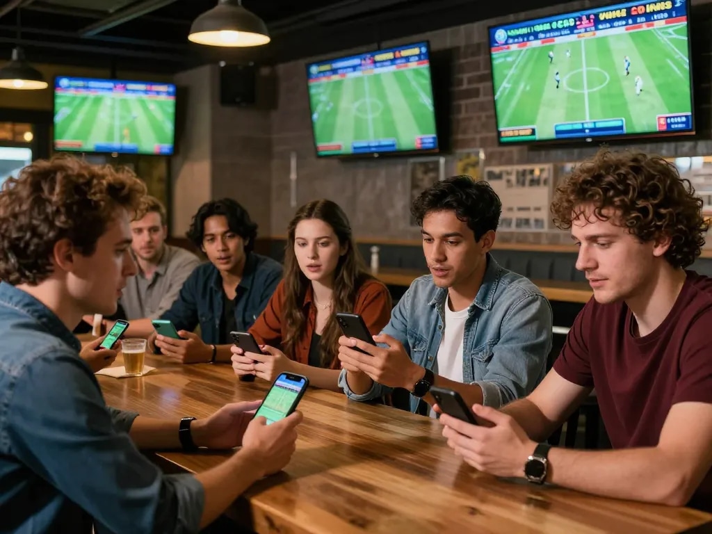 Sports betting excitement at a bar with patrons engaging on bongdalu88 mobile app.