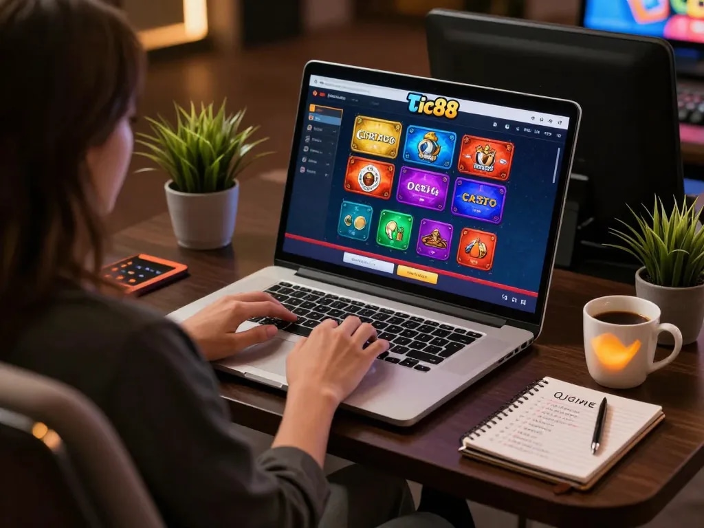 Engaging in strategic gameplay on tic88 casino with laptop, showcasing immersive gaming atmosphere.