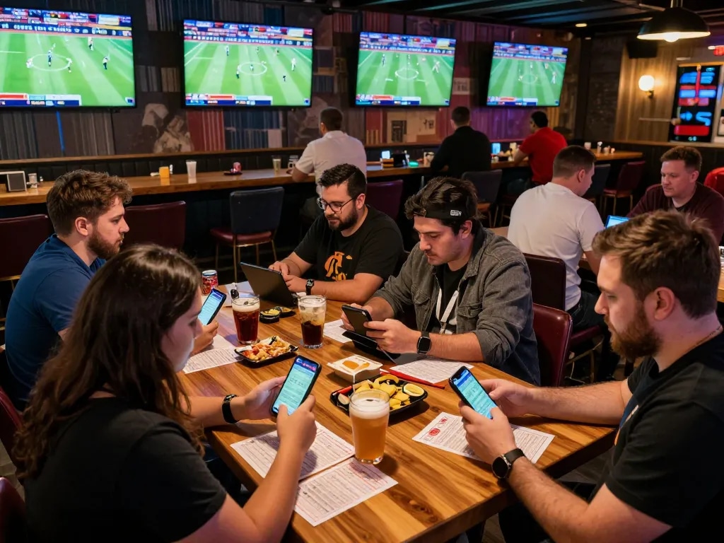 People engaging in sports betting at tylekeonhacai88 in an energetic bar, focused on screens and devices