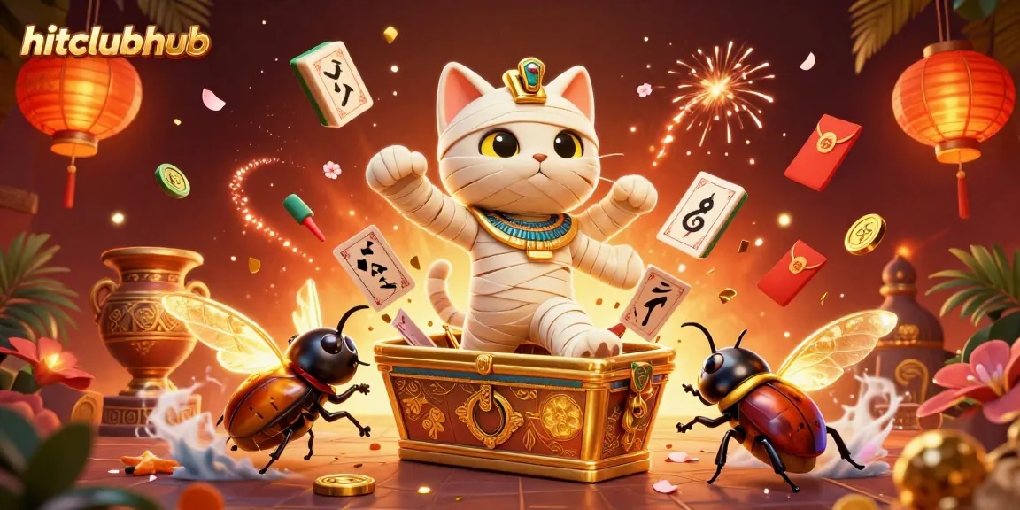 Experience the excitement of hitclubhub with a vibrant casino scene featuring captivating mummy cat and scarab beetle.