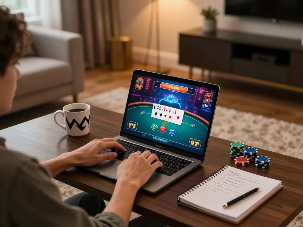 Engaging in online poker through a stylish setup, showcasing the 789 win gaming strategy.