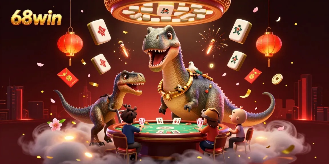 Experience the thrill of 68win with towering 3D dinosaurs and vibrant casino elements.