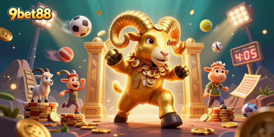 Experience thrilling gaming at 9bet88 with a vibrant 3D casino scene showcasing exciting sports themes and golden rewards.