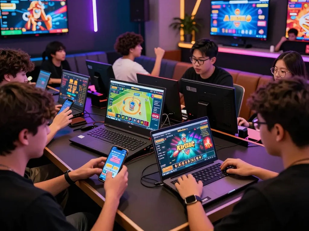 Exciting gaming tournament scene featuring players enjoying hitclub mới nhất on their devices in a vibrant gaming lounge.
