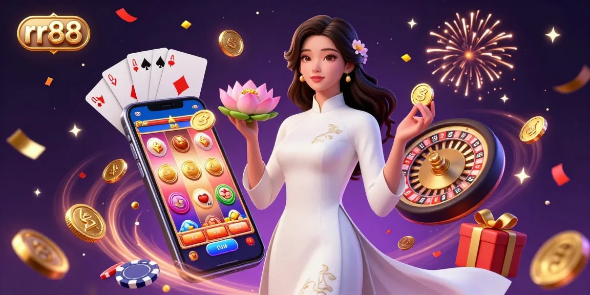 Experience thrilling gaming at rr88, featuring vibrant slot games and a serene character in a dazzling casino scene.