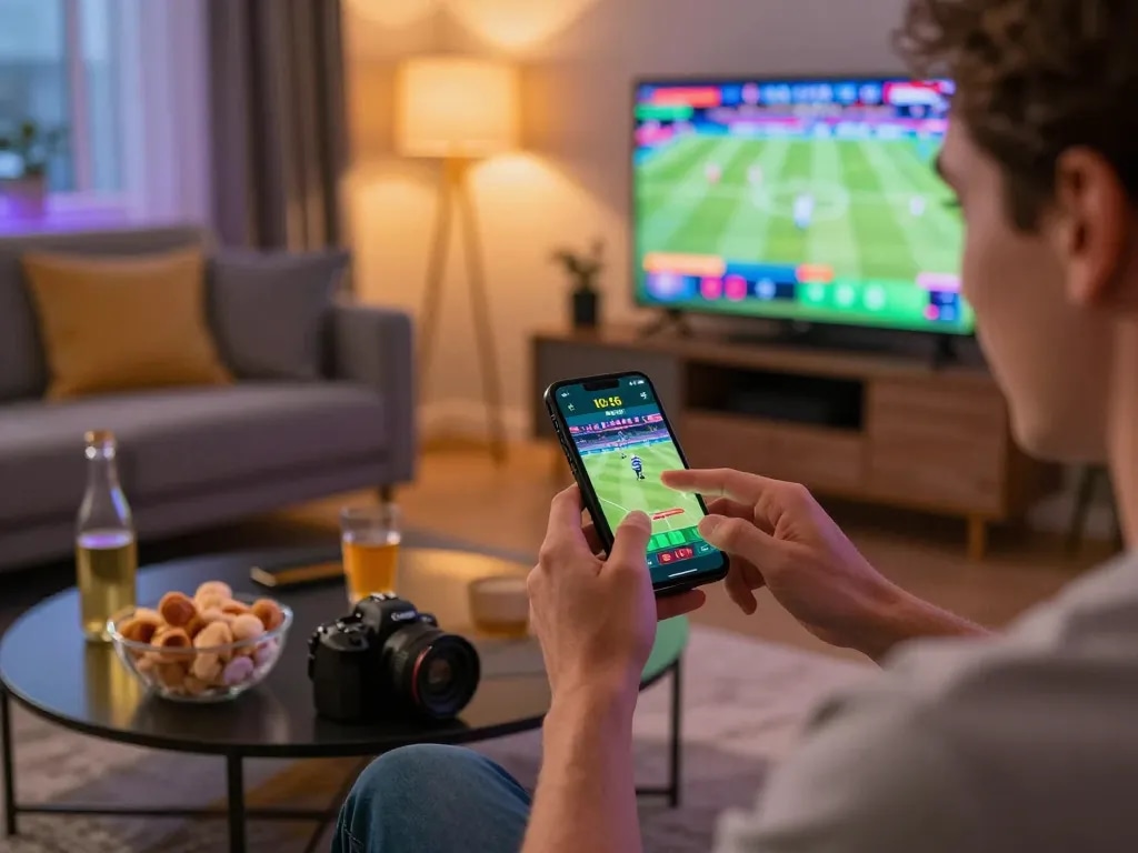 Excited player placing bets on LV88 sports betting app in a cozy living room.