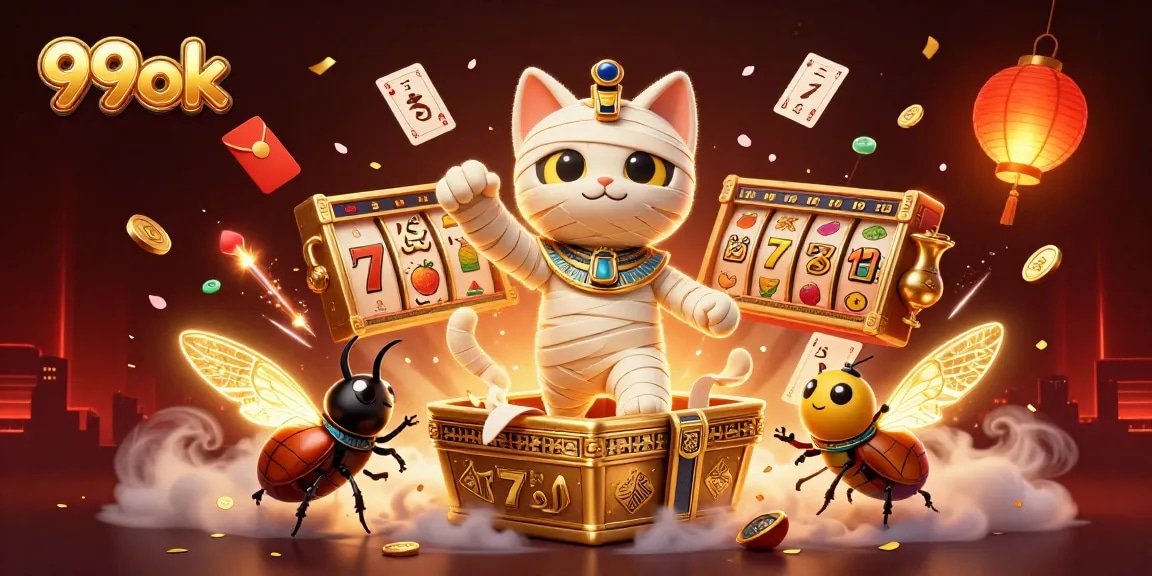 Experience thrilling slots and jackpots at 99ok with vibrant 3D elements in a captivating casino scene.