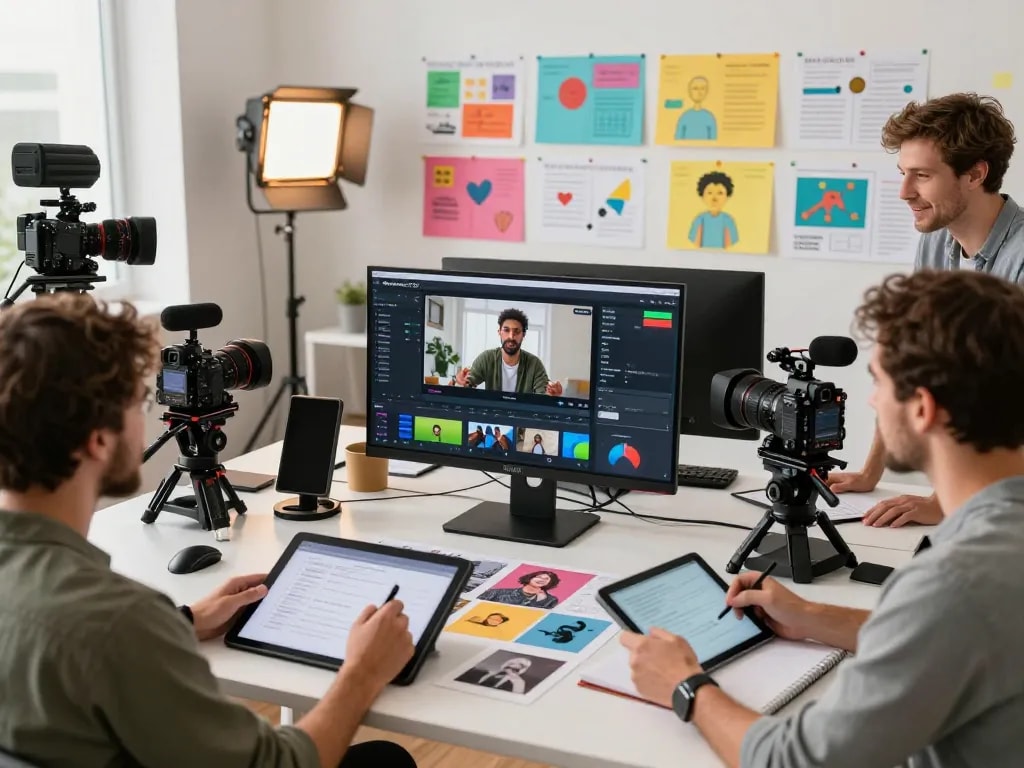 Creative team using seedance 2.0 ai for video production in modern studio