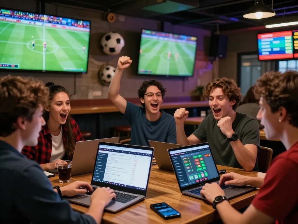Fans engaging with Nowgoal for live scores and betting at a lively sports bar.