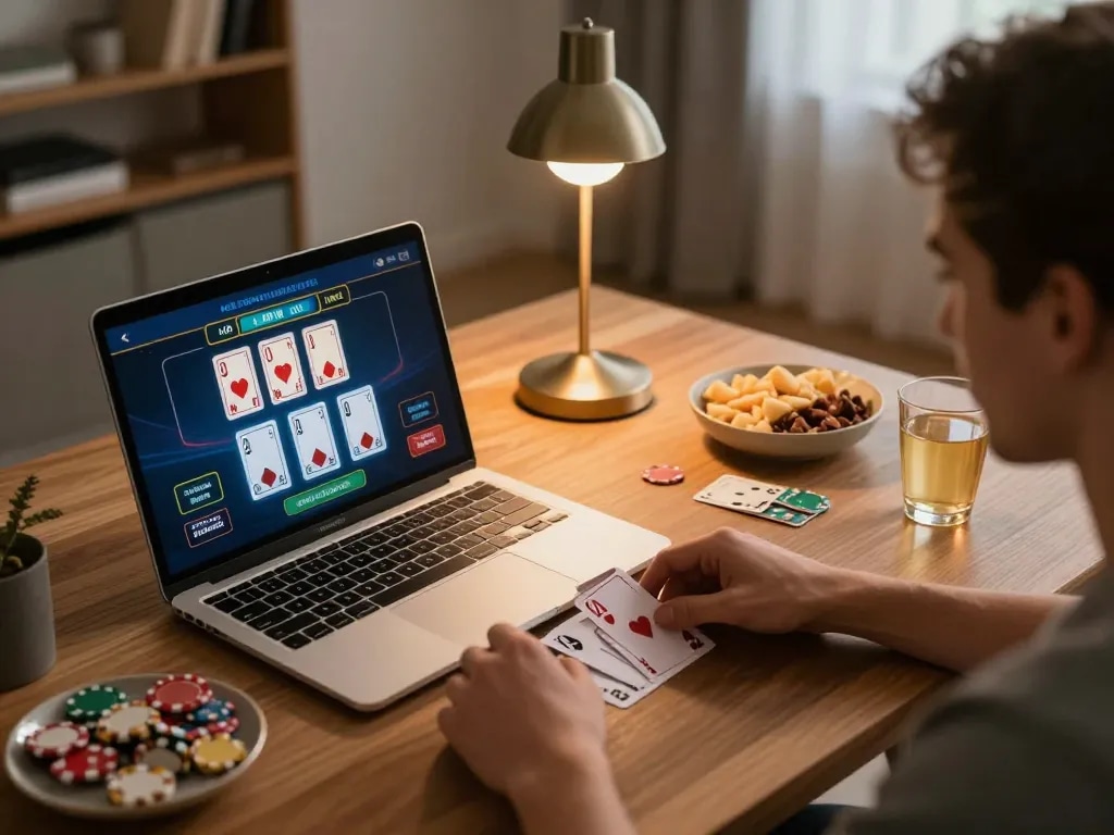 79win player enjoying a live baccarat session on laptop in a cozy home setting