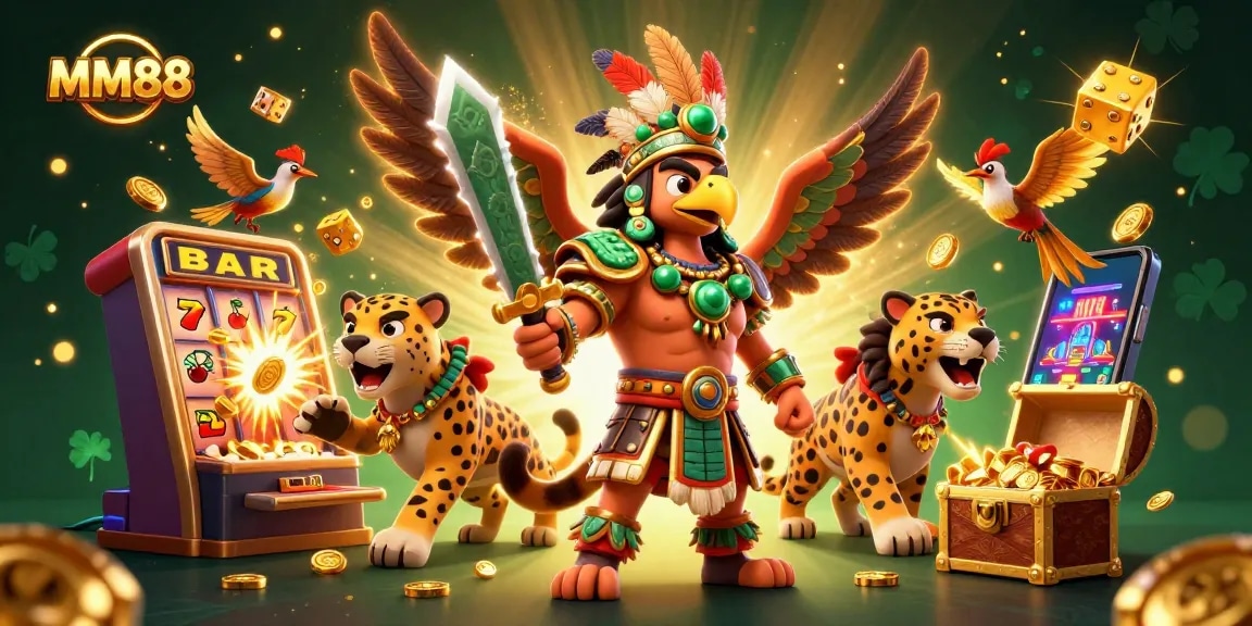 Win big with MM88 as 3D Aztec warriors celebrate jackpots in an exciting casino scene.