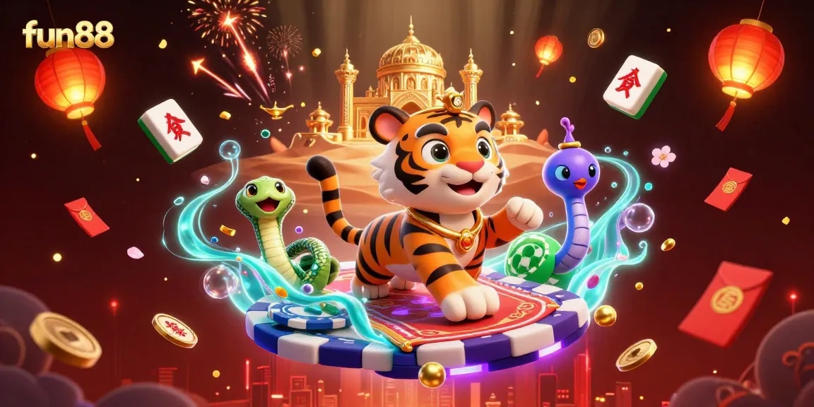 Experience fun88's enchanting casino world with a vibrant, magical scene featuring a tiger sultan on a flying carpet.