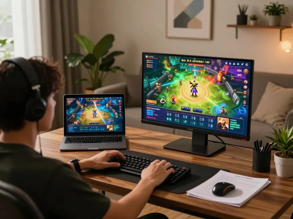 Engaged player enjoying game bài đổi thưởng on tablet and laptop in a cozy home setup.