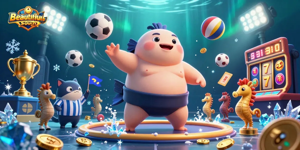 Beautifulsouth showcases a vibrant underwater casino scene with a fugu and a catfish referee amidst flying sports balls and slot elements.