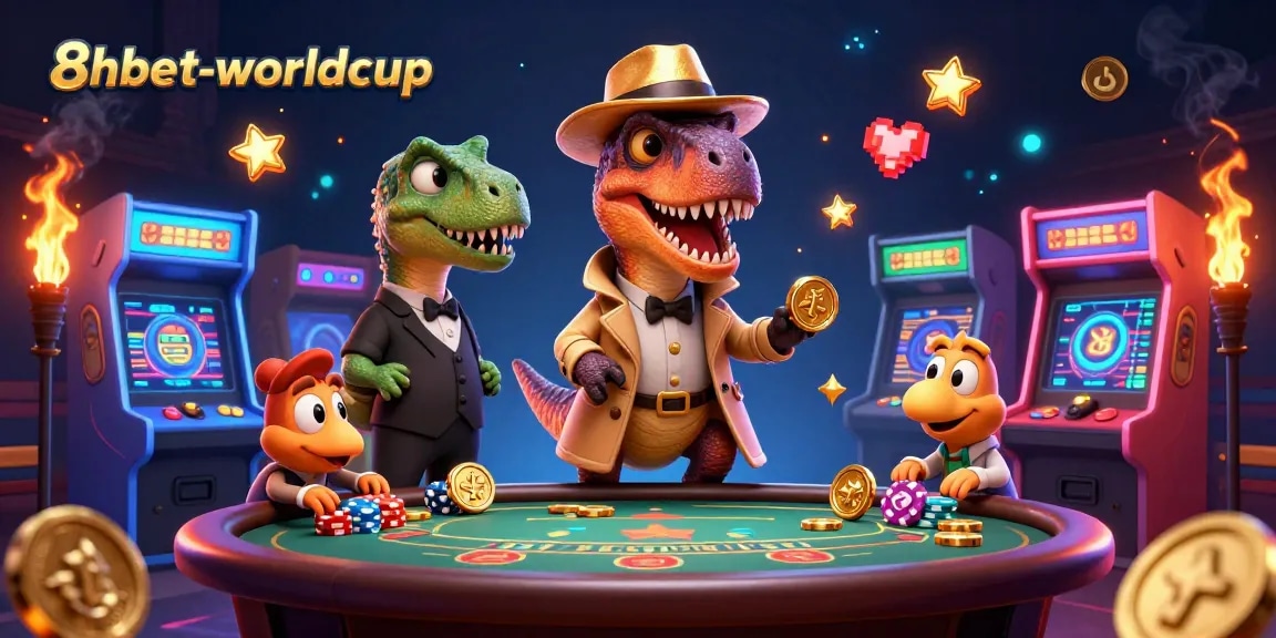 Bettors engage with a lively 8xbet-worldcup scene featuring a cartoon velociraptor card counter and colorful game elements.