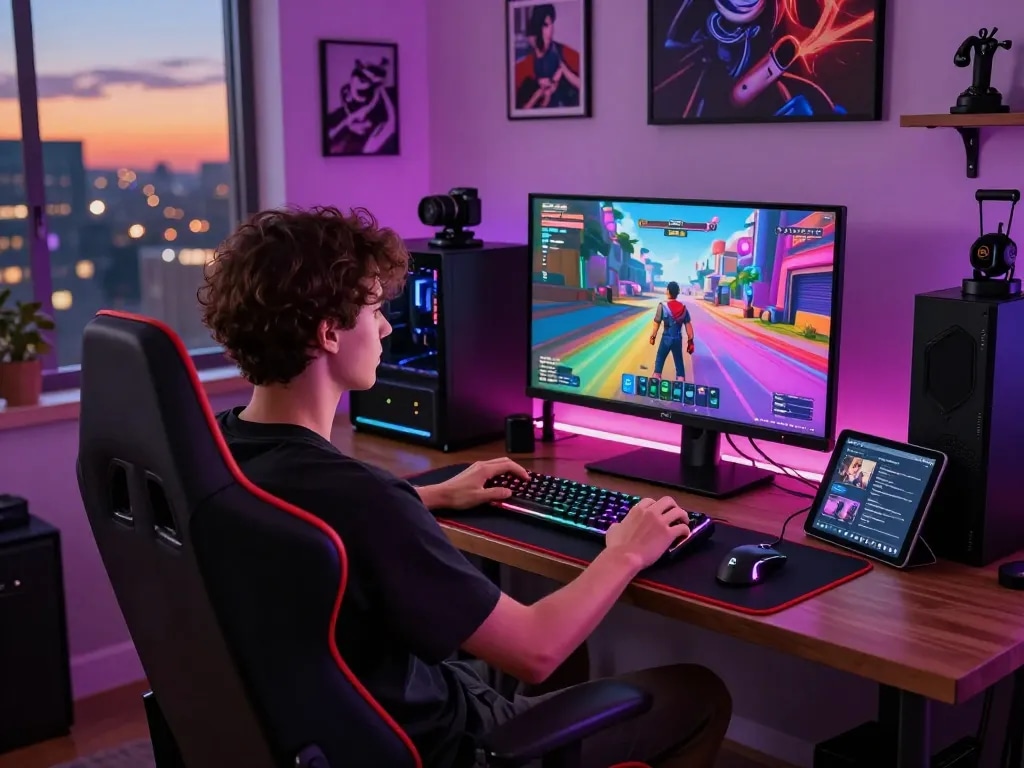 Engaged gamer playing a vibrant sex game on a high-resolution monitor in a modern gaming room.