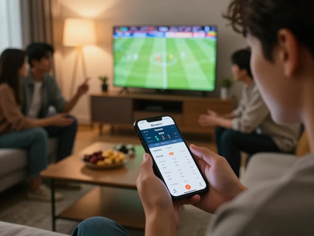 Engaging moment of sports betting on Bongdalu app in a cozy living room with friends.