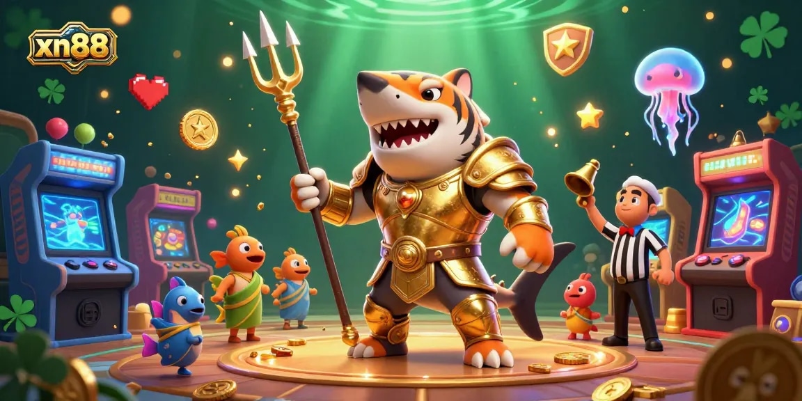 Engage with xn88's underwater casino illustration featuring a tiger shark and arcade games.