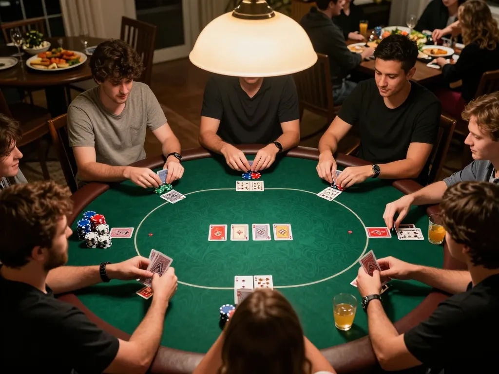 A friendly poker game showcasing players at a home setting while using nhacaiuytinn for strategies.